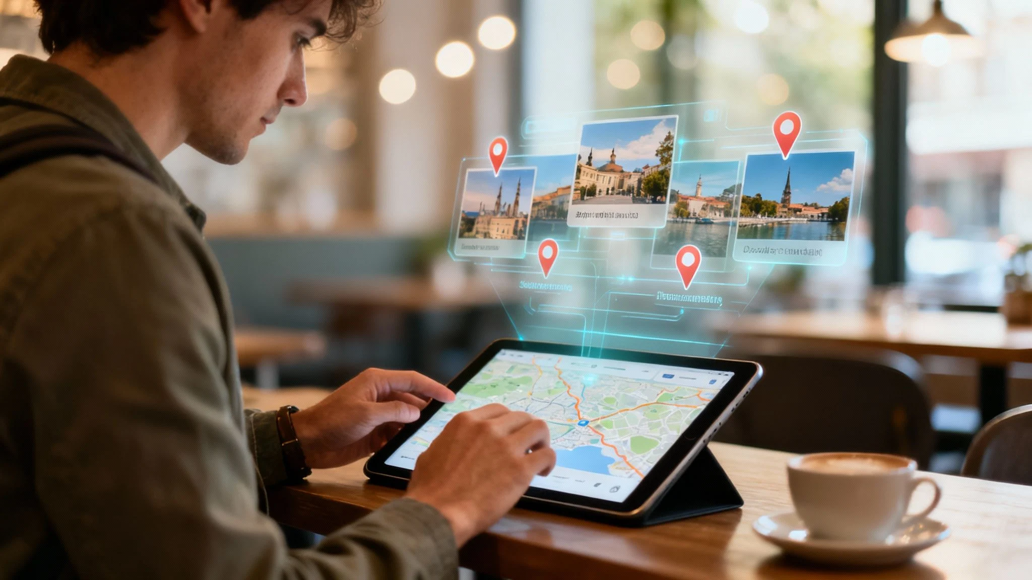 Young man interacting with a tablet displaying a digital map and holographic travel location images.
