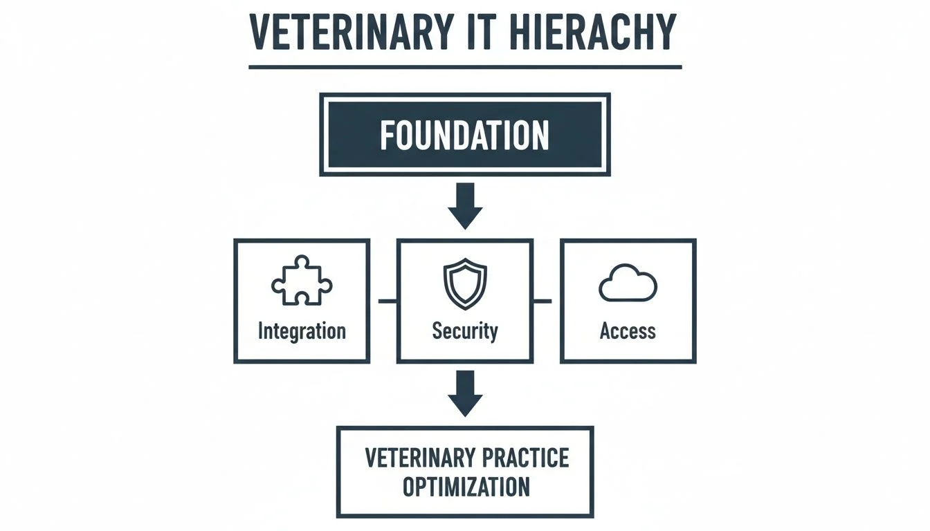 Diagram showing the veterinary IT hierarchy: Foundation, Integration, Security, Access, leading to practice optimization.