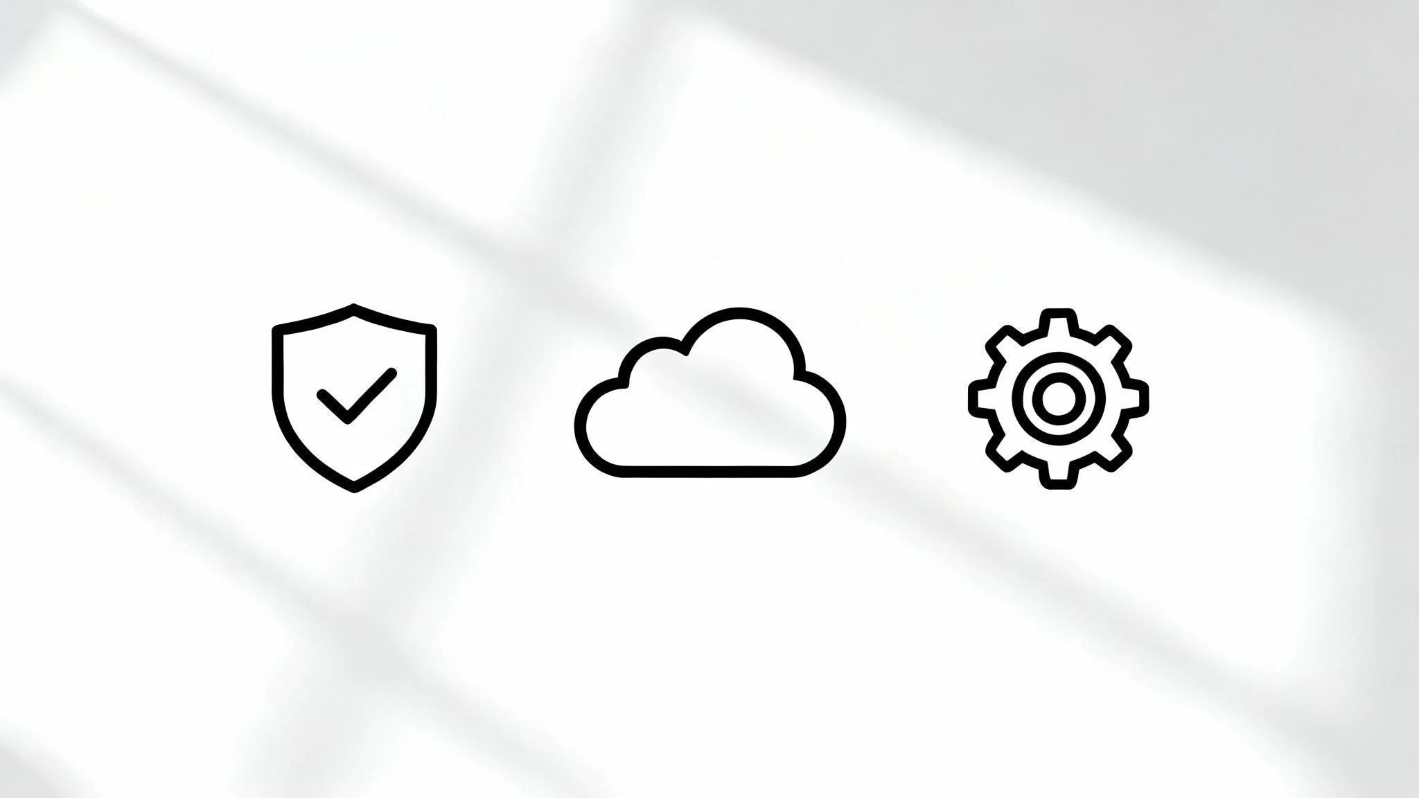 Three simple black icons on a light background: a shield with a tick, a cloud, and a cog, representing security, cloud storage, and settings or configuration.