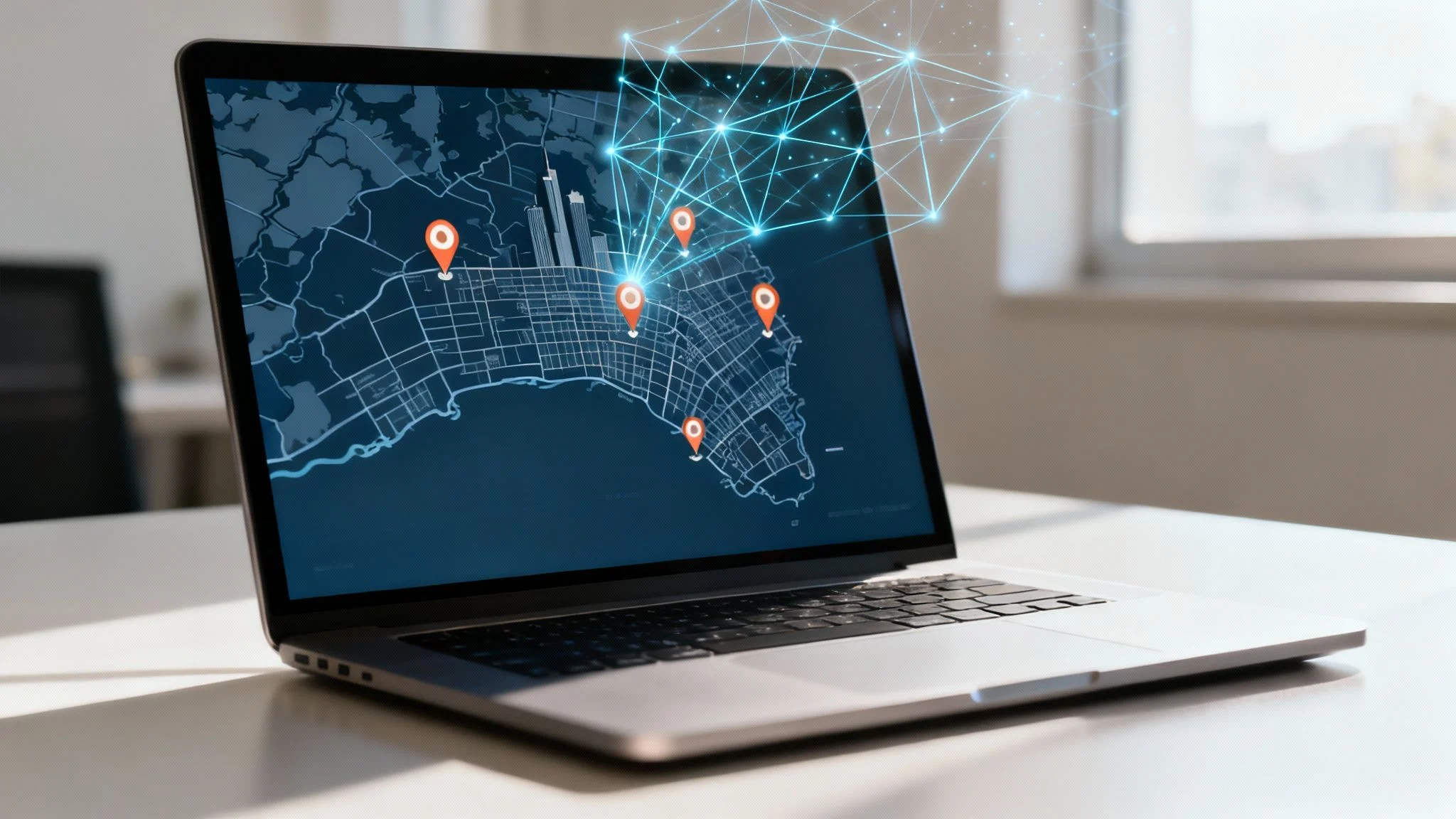 A laptop on a desk displays a city map with location markers and abstract digital network lines, suggesting concepts of satnav, navigation, or smart city technology.