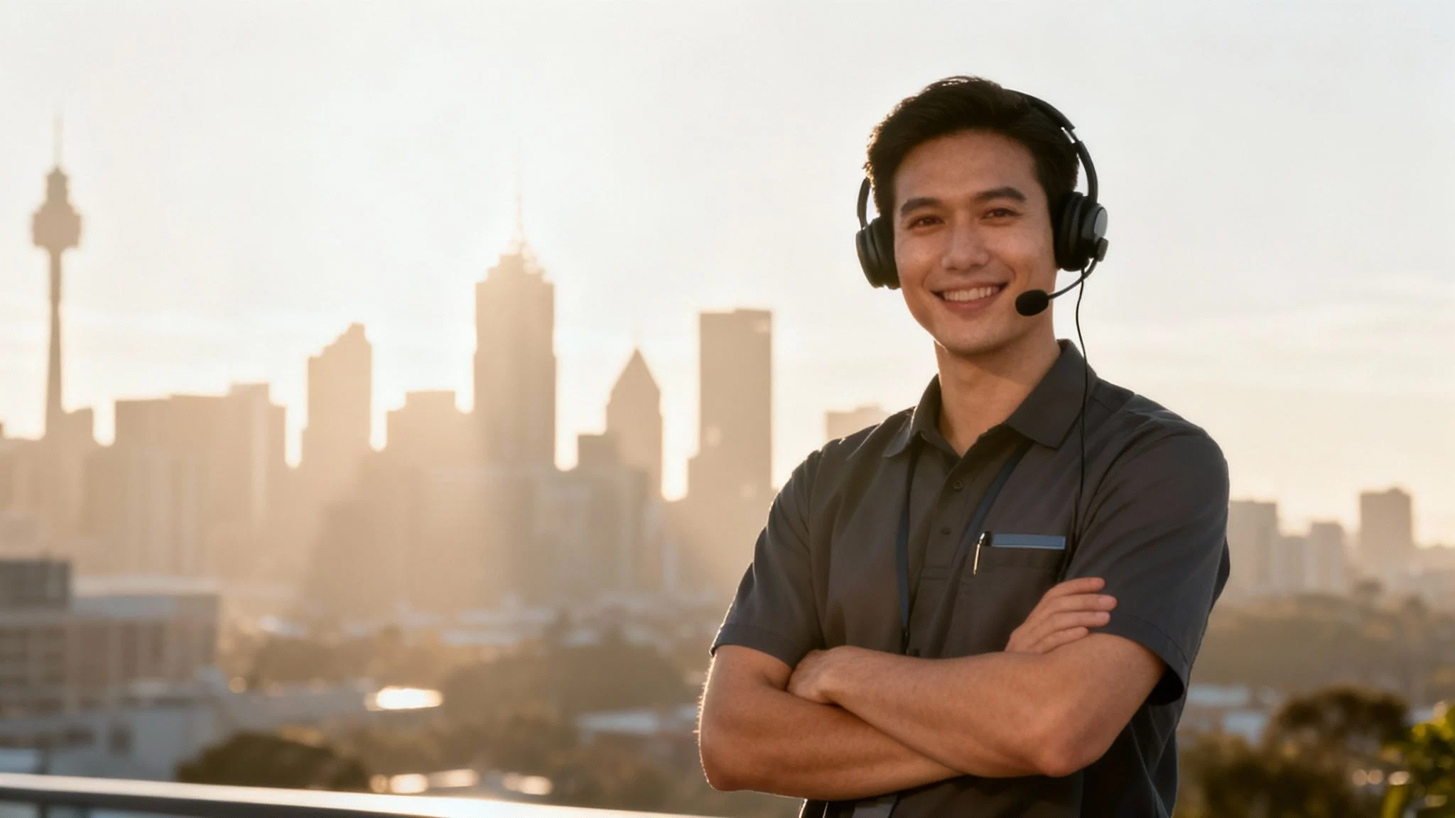 A man wearing a headset and dark shirt stands outdoors with his arms crossed, smiling. The city skyline and tall buildings are visible in the background at sunset.