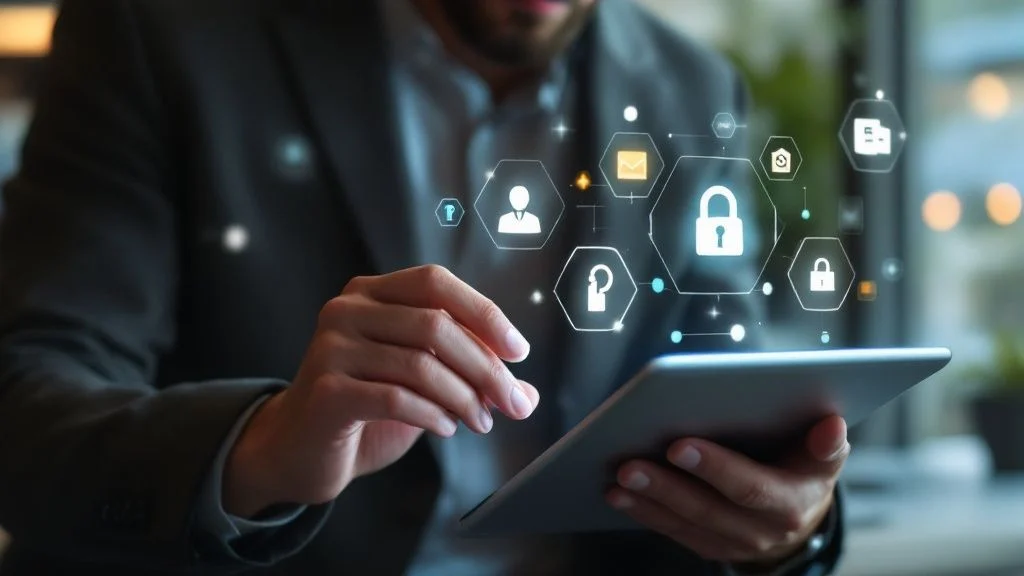 A person in a suit uses a tablet, with virtual icons floating above it, including a padlock, envelope, key, and user symbols, representing digital security and data protection. A person in a suit uses a tablet, with virtual icons floating above it, including a padlock, envelope, key, and user symbols, representing digital security and data protection.