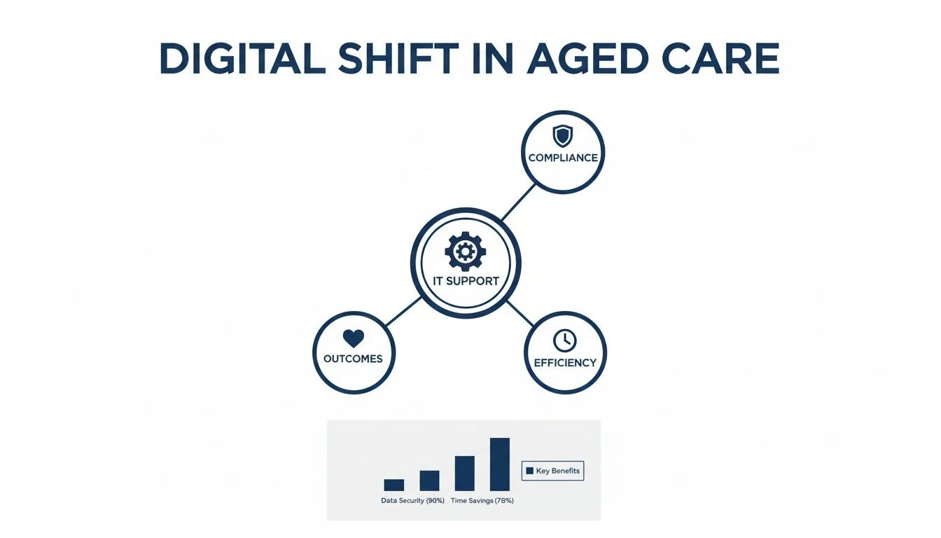 Diagram showing IT support benefits in aged care, including compliance, outcomes, efficiency, data security, and time savings.