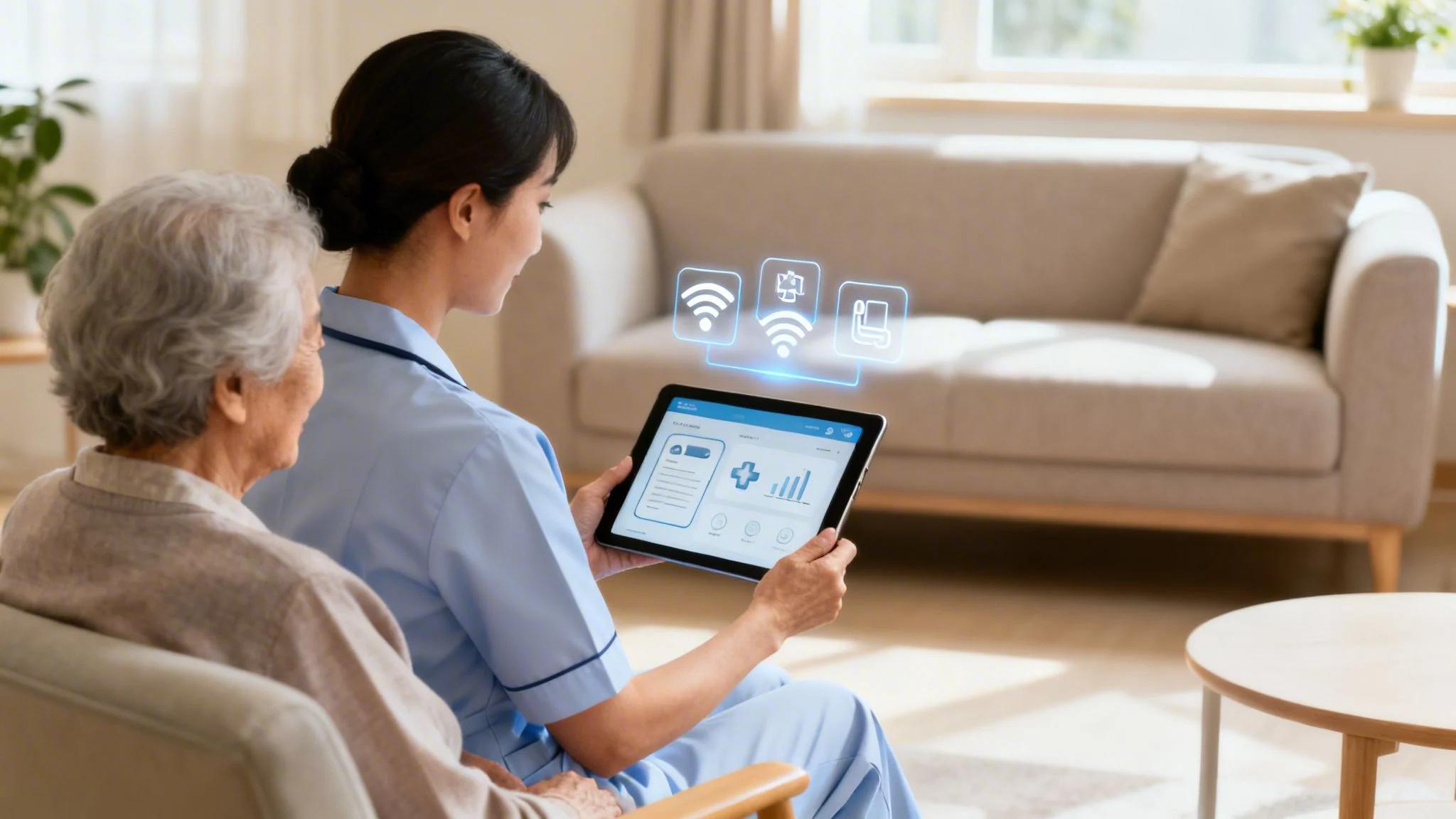 A nurse uses a tablet with health data and smart home controls to assist an elderly woman.