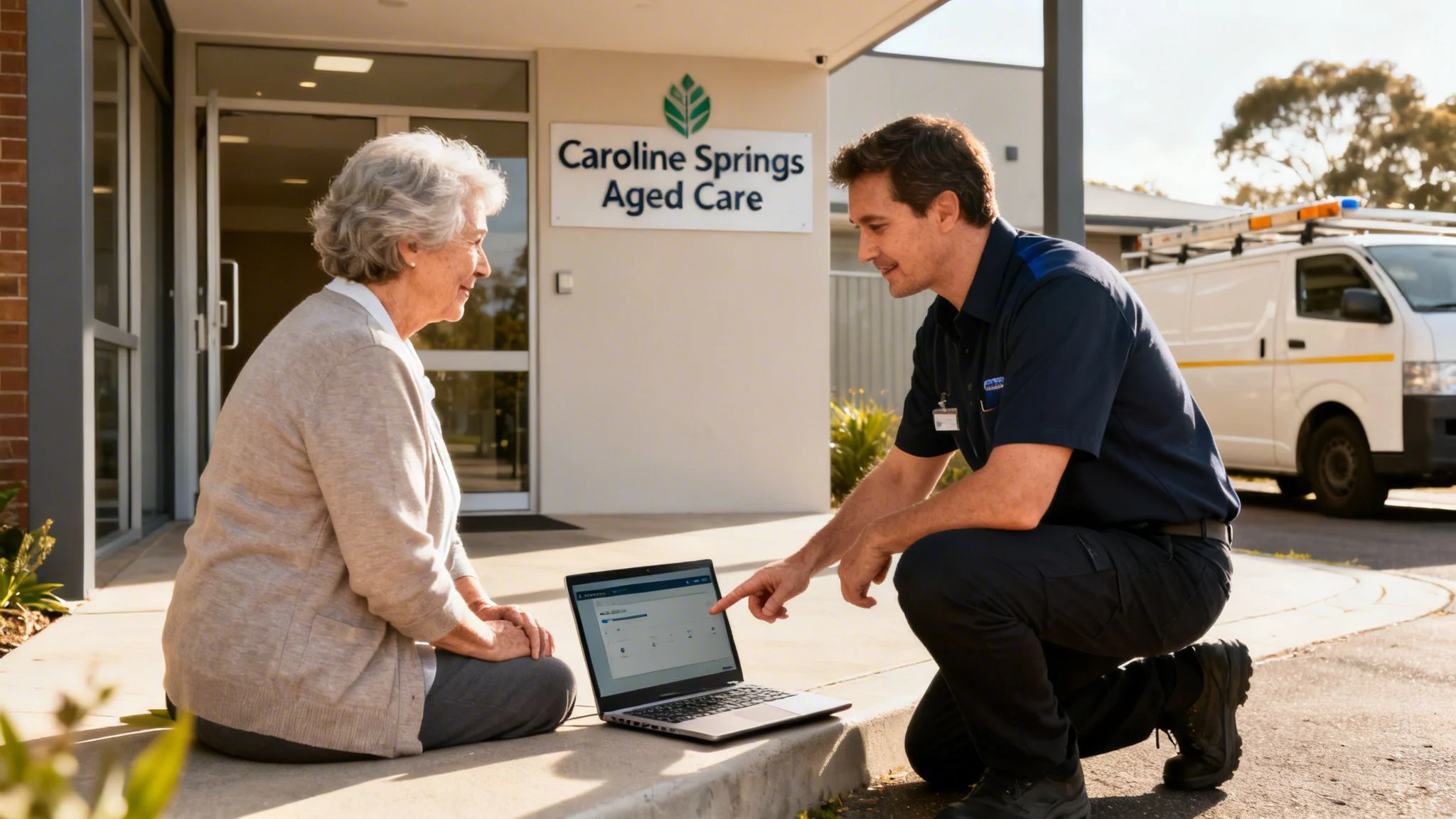 A technician shows an elderly woman information on a laptop outside Caroline Springs Aged Care facility.