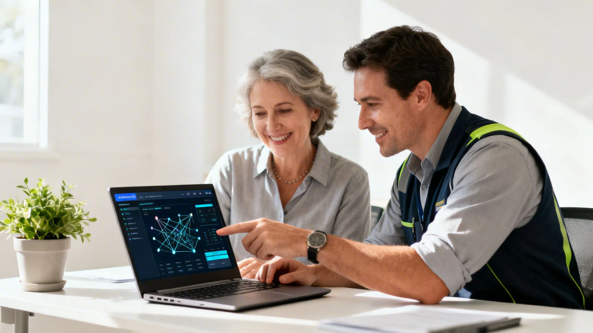 An IT technician explains data visualization on a laptop to a smiling woman in an office.