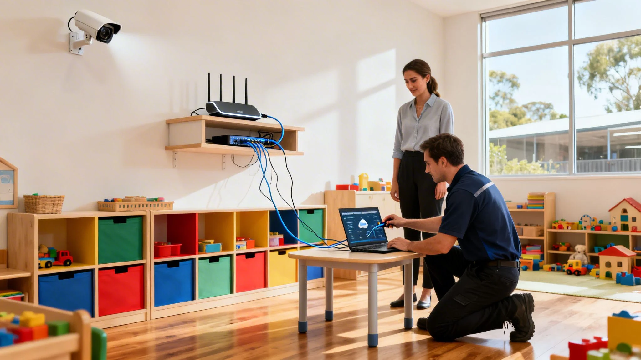 A technician kneels at a small table in a colourful playroom, connecting blue network cables to a router while a woman stands nearby watching. A security camera is mounted high on the wall.