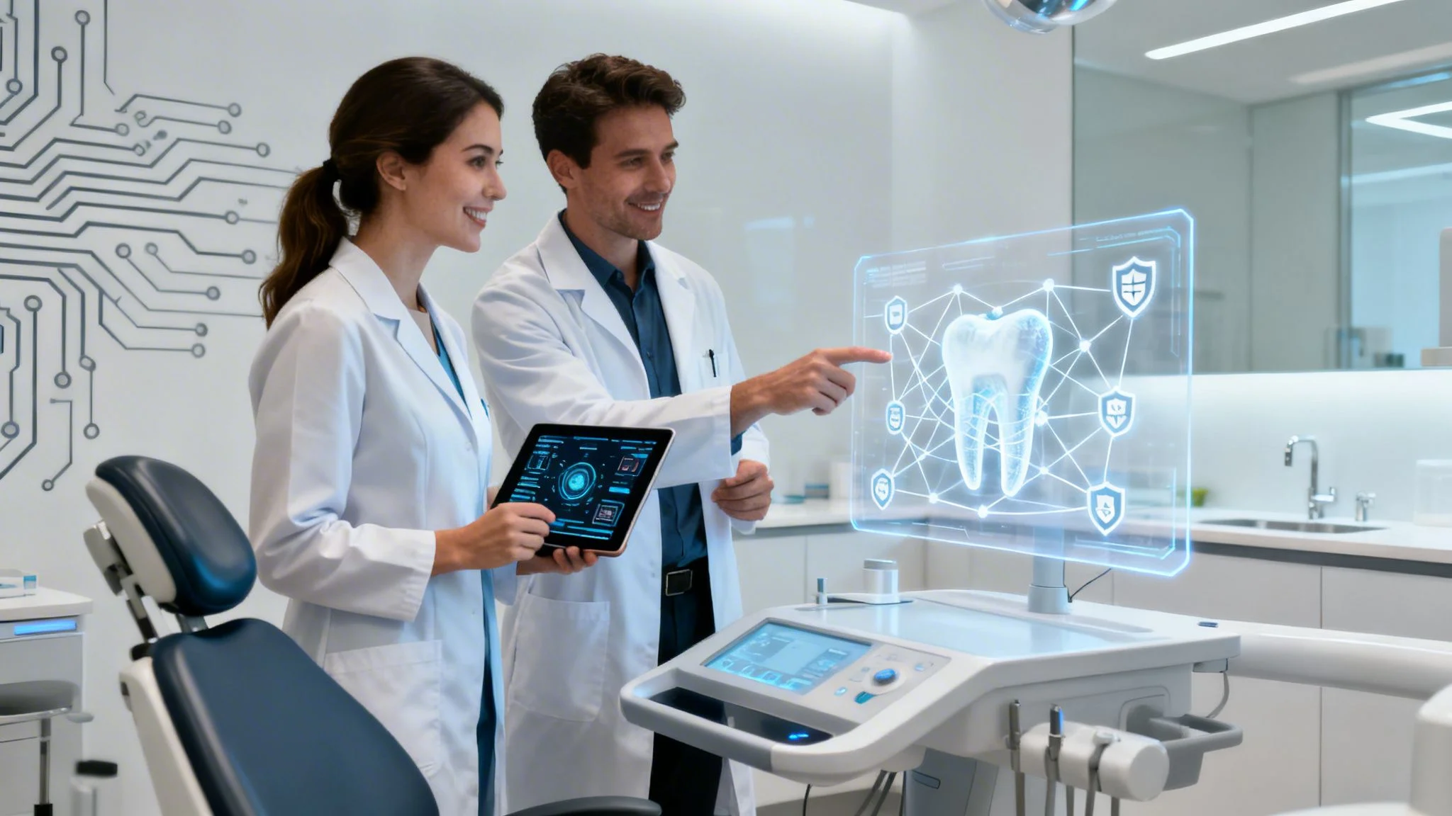 Two dentists in lab coats review a digital tablet and point at a large holographic display showing a tooth diagram and data in a modern, high-tech dental surgery.