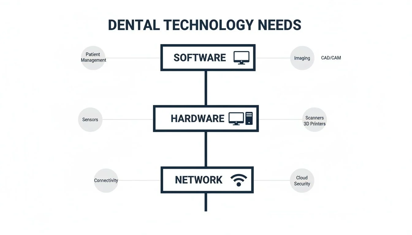 Diagram illustrating dental technology requirements, categorized into software, hardware, and network, with examples.