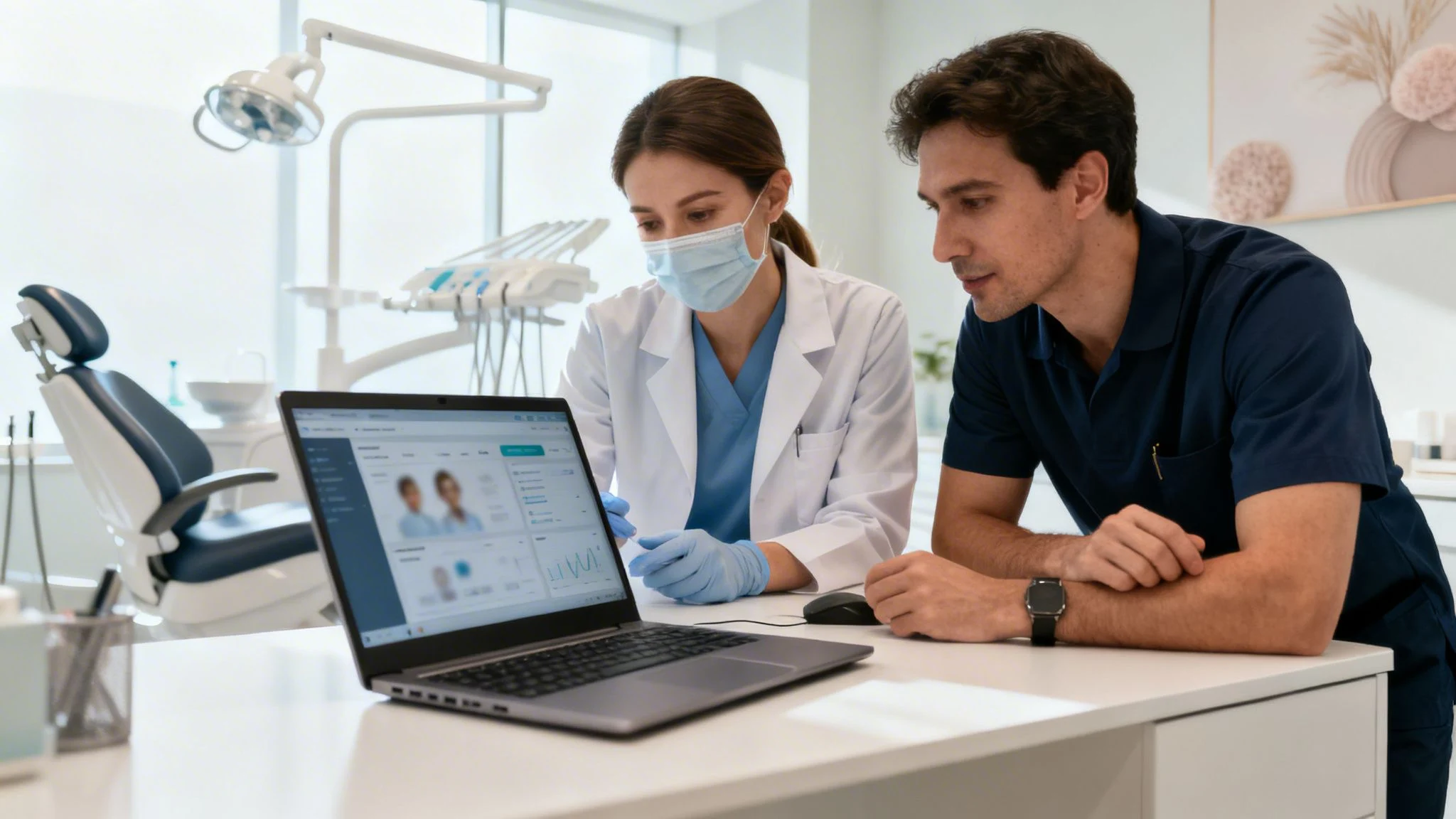 A female dentist and a male technician analyze patient data on a laptop in a dental clinic.
