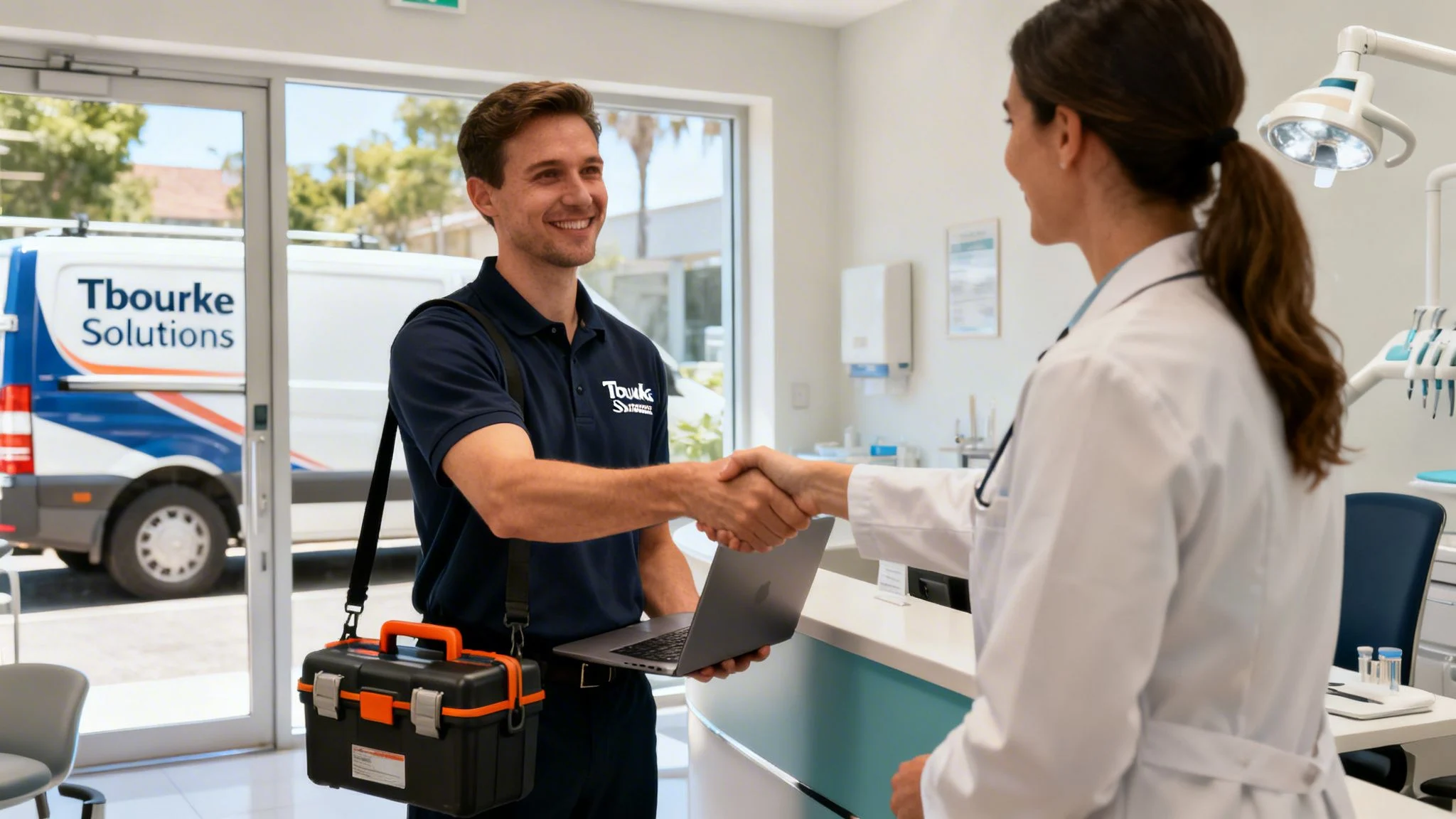 A smiling IT technician shakes hands with a female dentist in a modern clinic.