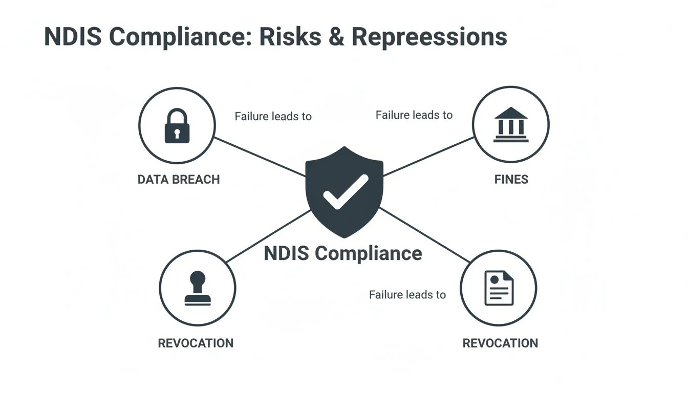 Diagram showing NDIS compliance failure leads to data breach, fines, and revocation.