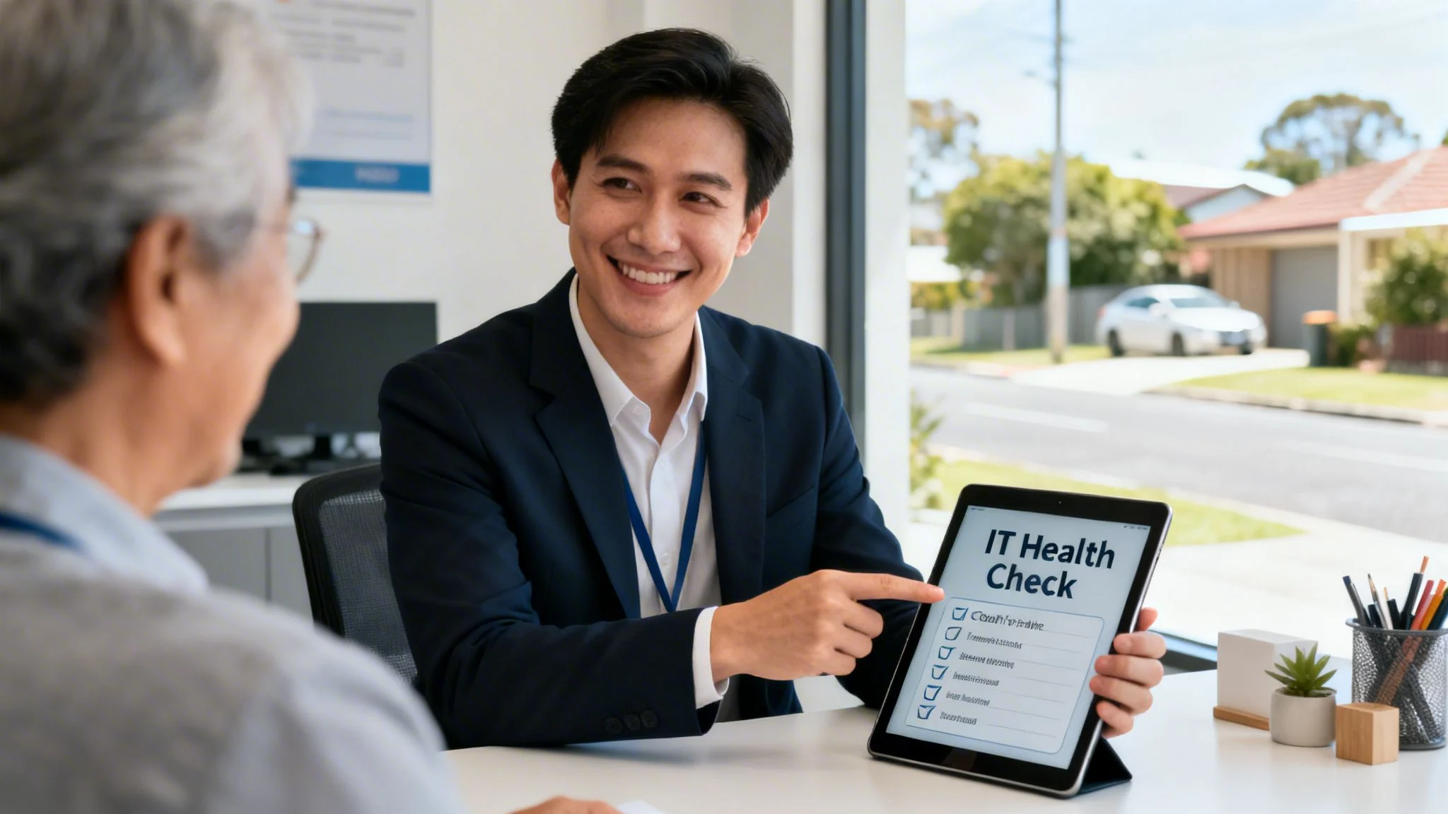 A smiling IT support consultant points to an 'IT Health Check' on a tablet for an elderly client.
