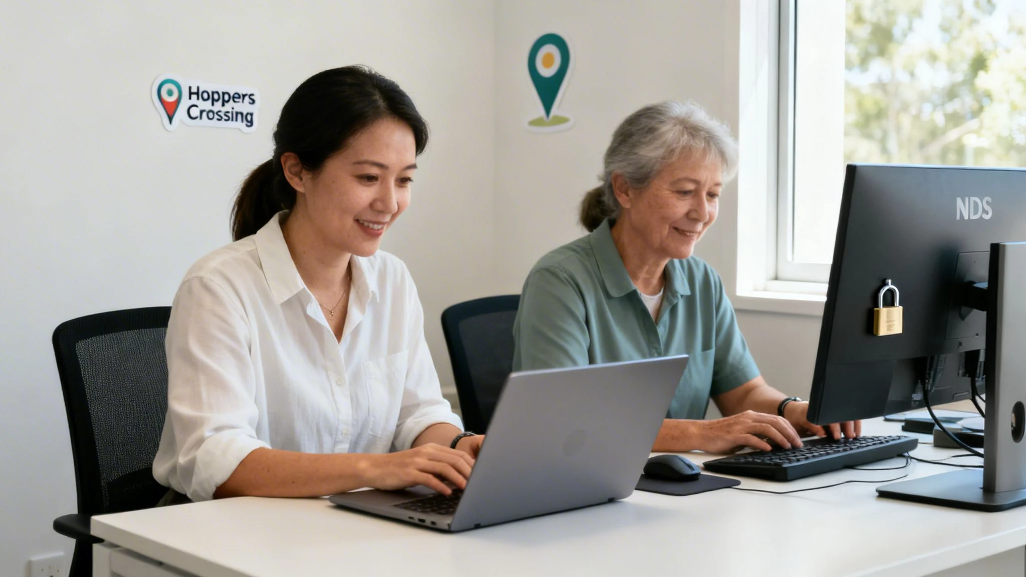 Smiling women, young and older, working on computers in an NDIS office in Hoppers Crossing.