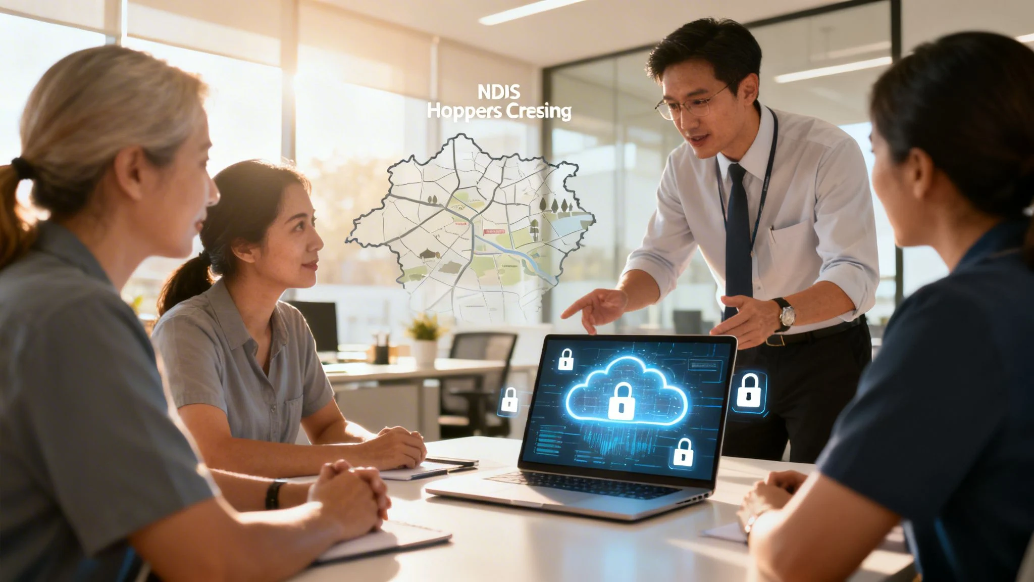Four people sit at a table in an office, discussing cyber security. A man is standing and gesturing towards a laptop displaying a cloud with padlock icons. A map labelled NDIS Hoppers Cresing is shown in the background.