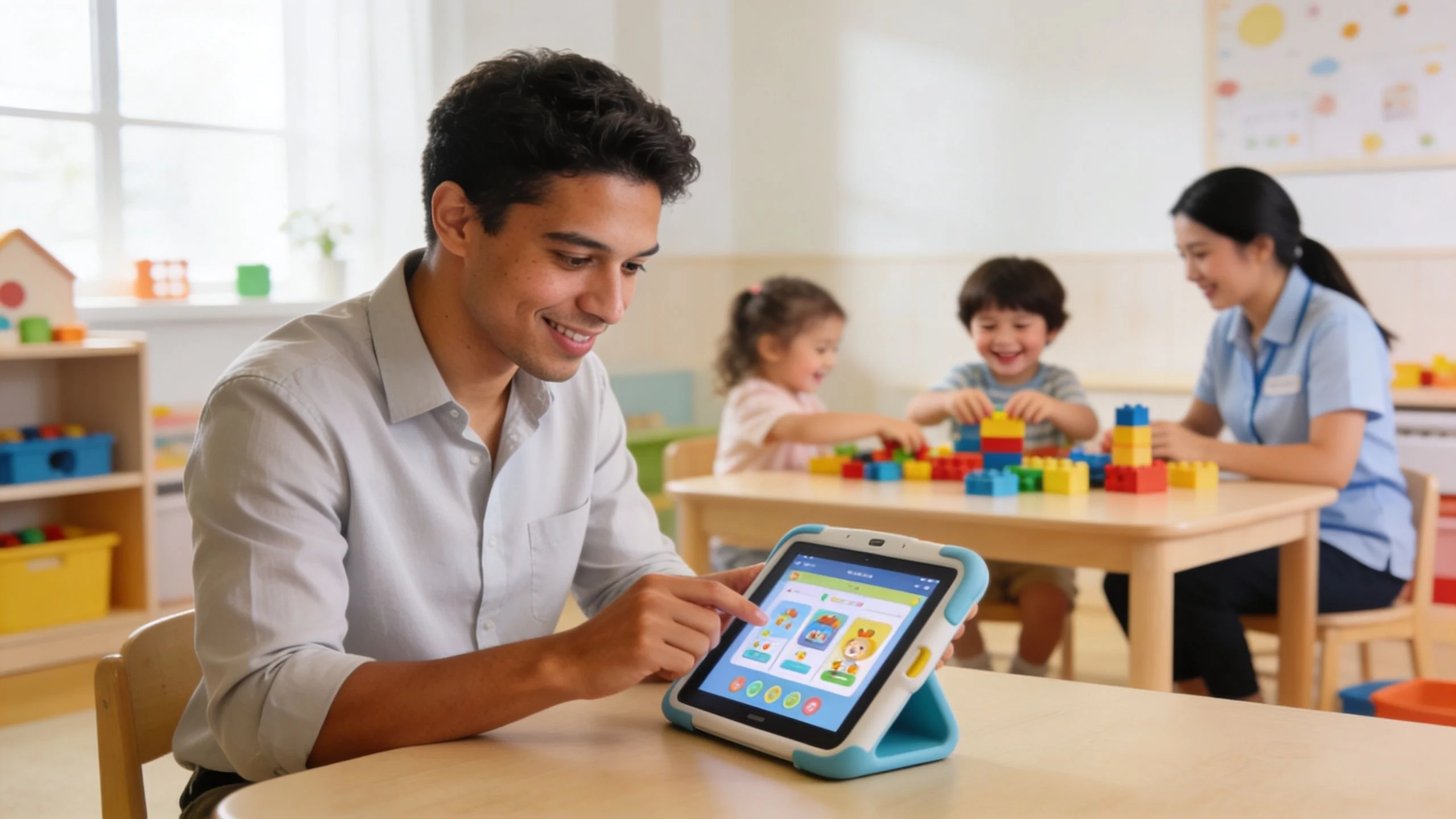 A smiling male teacher using an educational tablet in a bright, modern childcare center classroom.