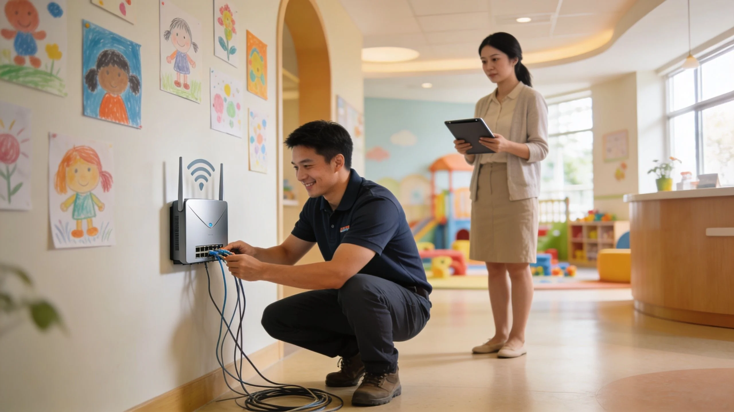 A technician kneels to install network cables into a wall router in a brightly decorated classroom whilst a woman stands nearby holding a tablet, overseeing the setup. Children's drawings adorn the wall.