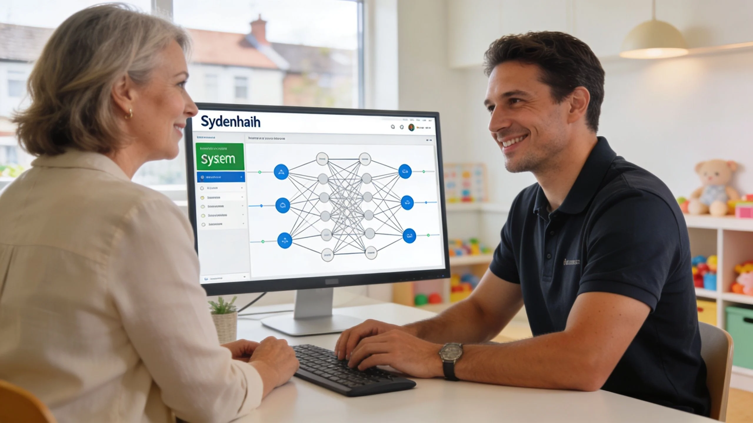 A professional man and woman discussing neural network software on a computer screen in a childcare center office.