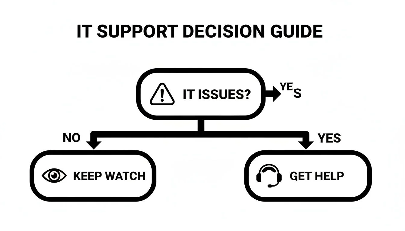 A simple flowchart guiding users on IT support decisions: ask 'IT Issues?', then 'Keep Watch' or 'Get Help'.