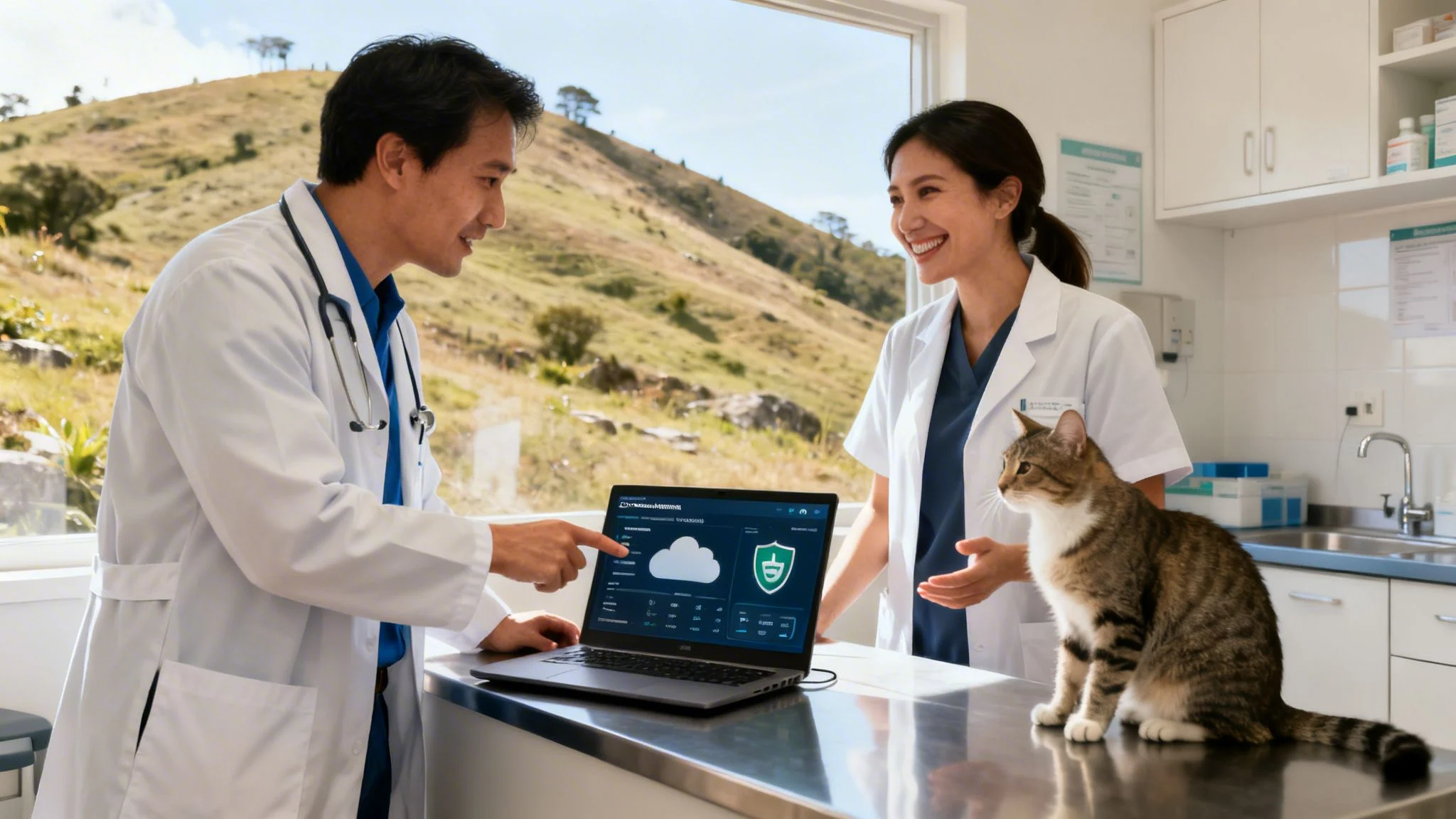 Two veterinarians in a clinic examining a laptop with a cat on the examination table.