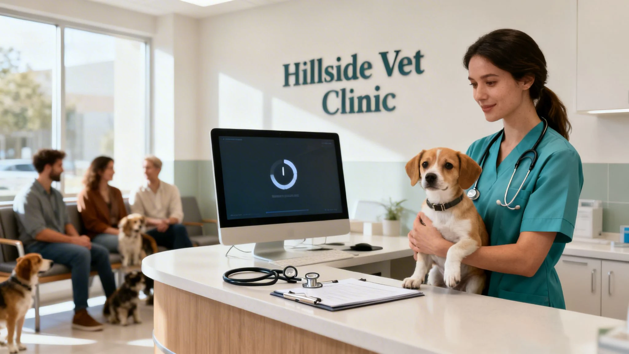 Smiling vet technician holds a puppy at a busy Hillside Vet Clinic reception desk.
