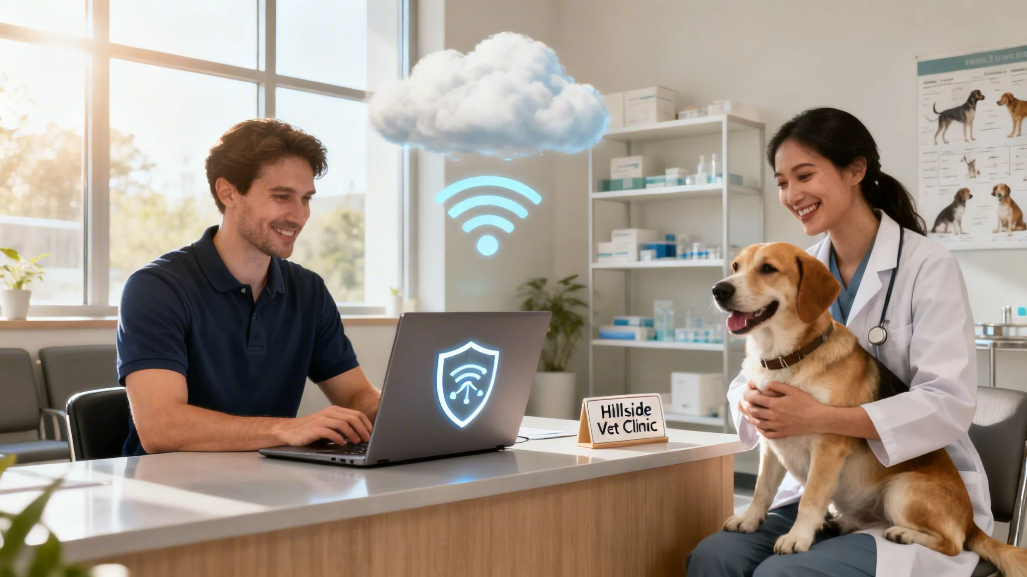 A smiling man uses a laptop with cloud and Wi-Fi icons above it at a vet surgery counter, while a veterinary surgeon holds a happy dog next to him. Shelves with pet supplies are visible in the background.