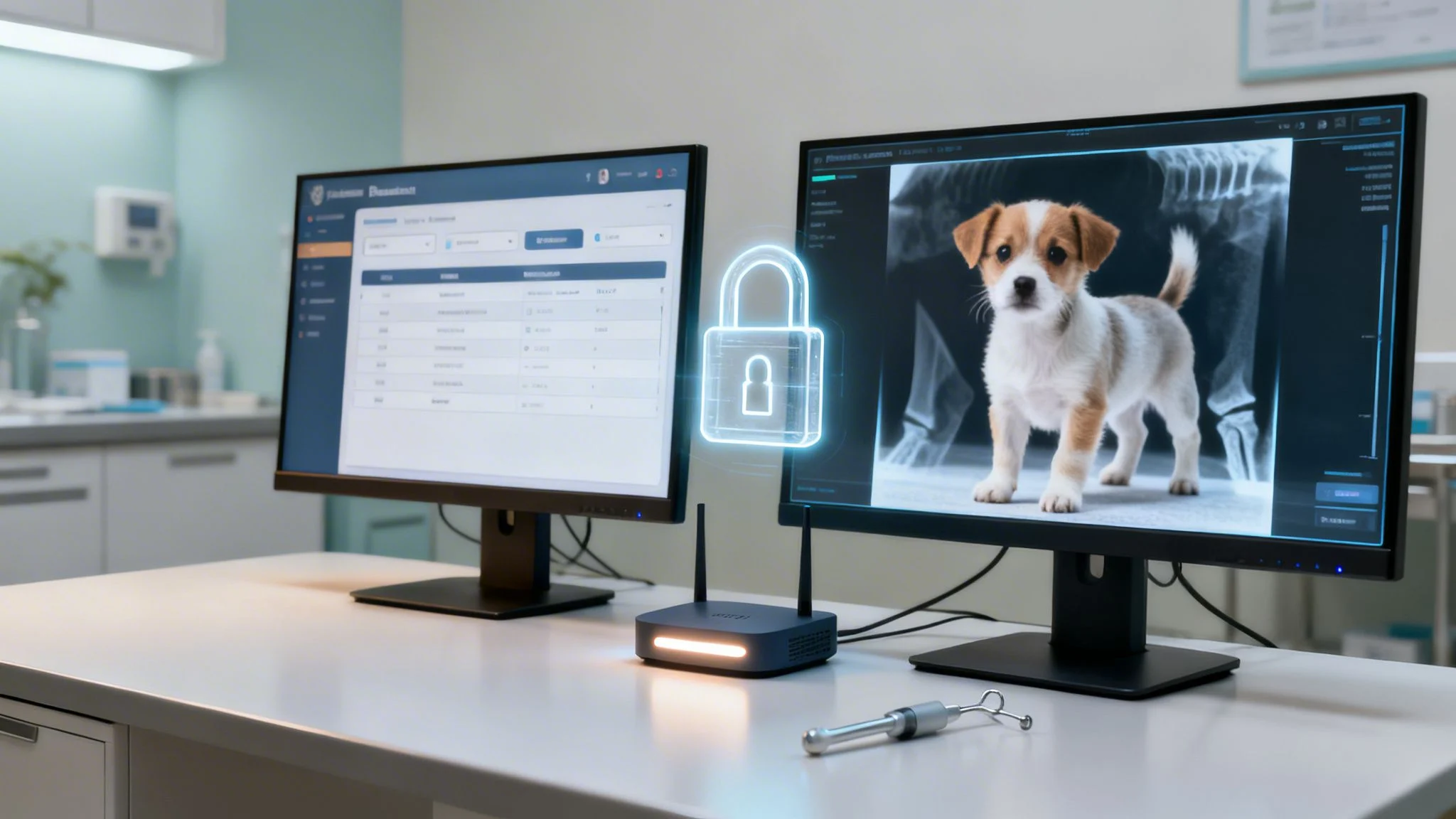Veterinary clinic setup with two monitors displaying patient data and a puppy X-ray, highlighting digital security.