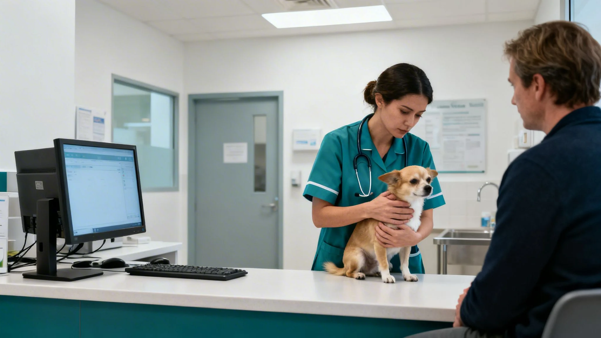 A female vet holds a small dog while a male owner watches in a veterinary clinic.