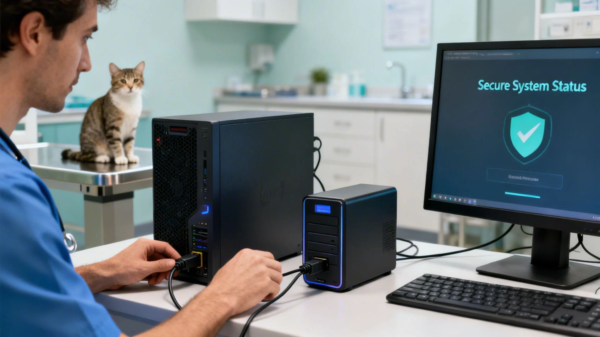 A veterinarian connects IT equipment in a modern clinic, showing secure system status on a monitor, with a cat observing.