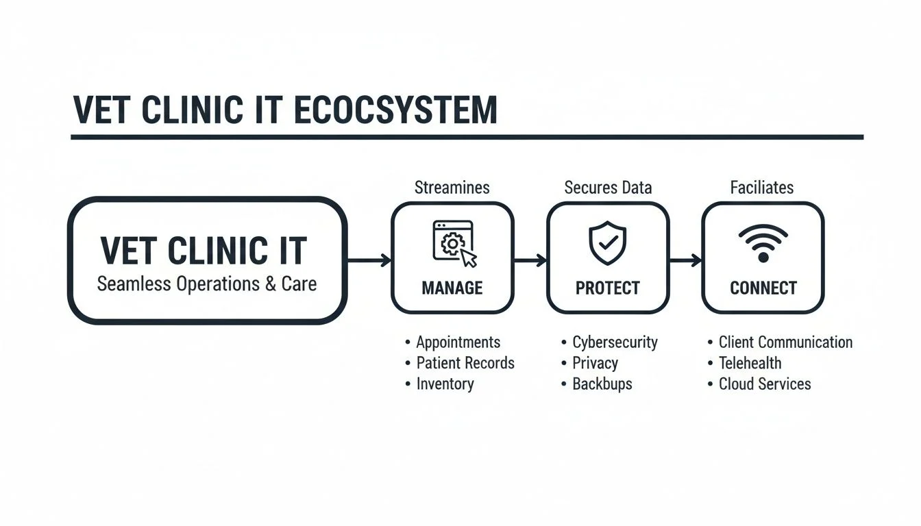 Flowchart illustrating a vet clinic IT ecosystem for seamless operations, management, data protection, and connectivity.