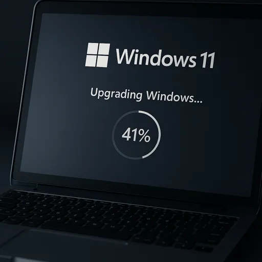 A laptop screen displays a Windows 11 upgrade in progress, showing the message Upgrading Windows... with a loading circle and progress at 41%.