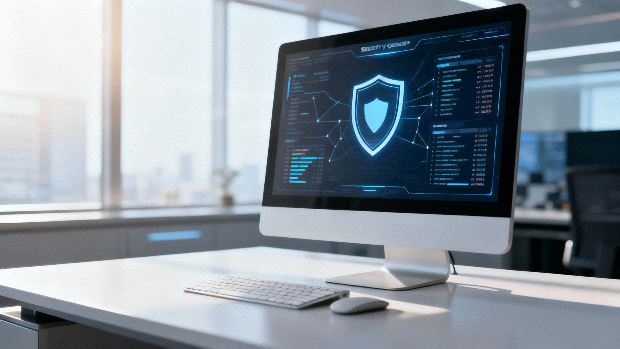 A desktop computer on an office desk displays a cybersecurity dashboard with a shield icon, suggesting data protection. The office has large windows and modern, minimalistic furniture.