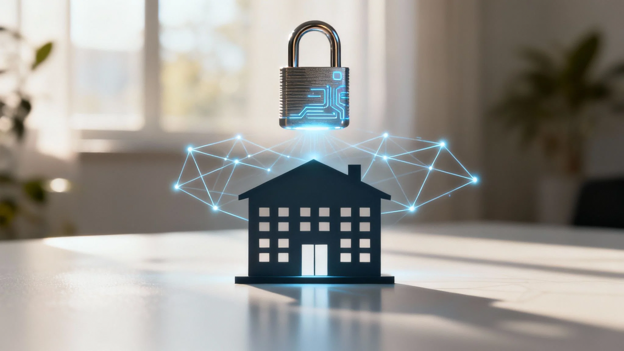 A padlock hovers above a house icon with glowing network lines connecting around it, symbolising smart home security and digital protection.