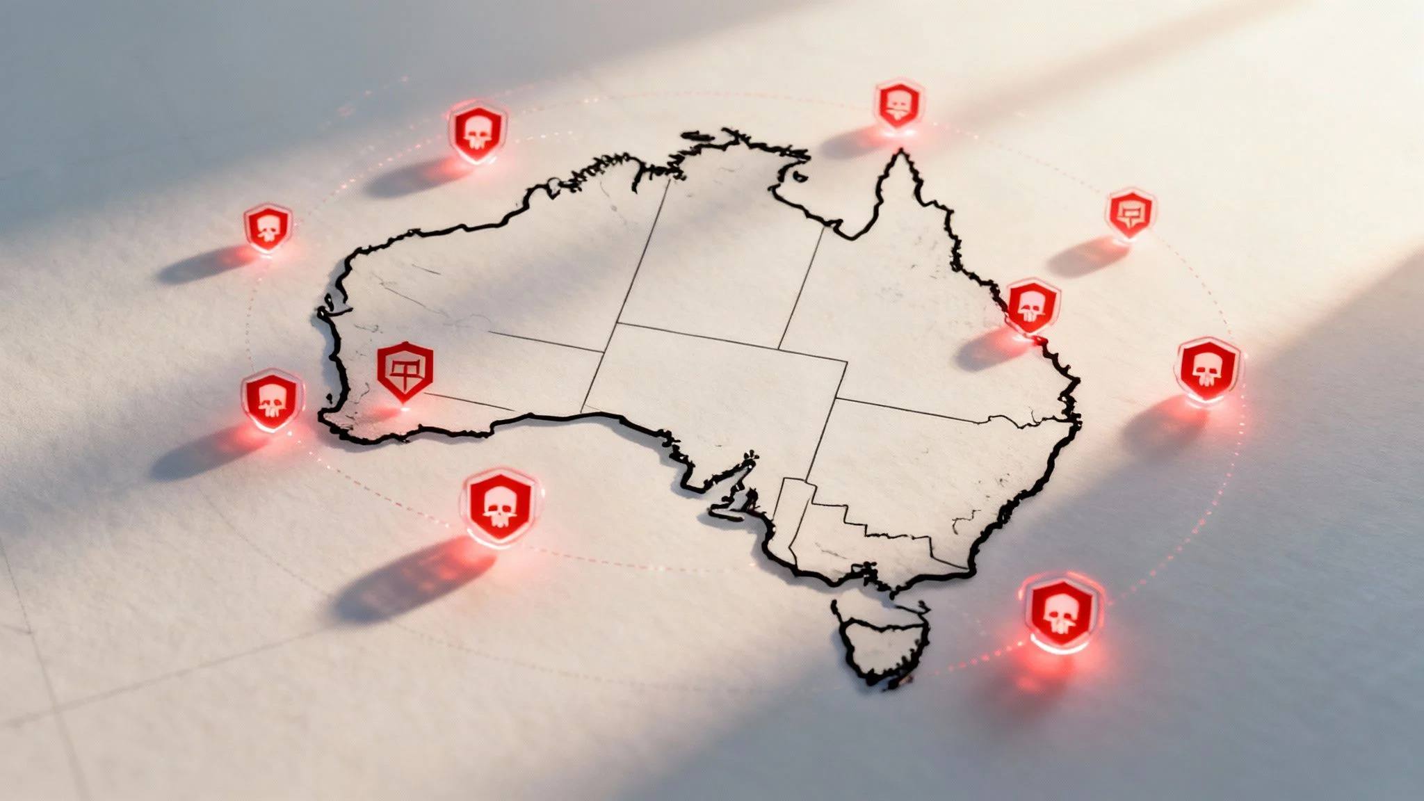 A map of Australia outlined in black with red hexagonal warning icons featuring white skulls and exclamation marks surrounding the country, suggesting danger or cyber security threats.