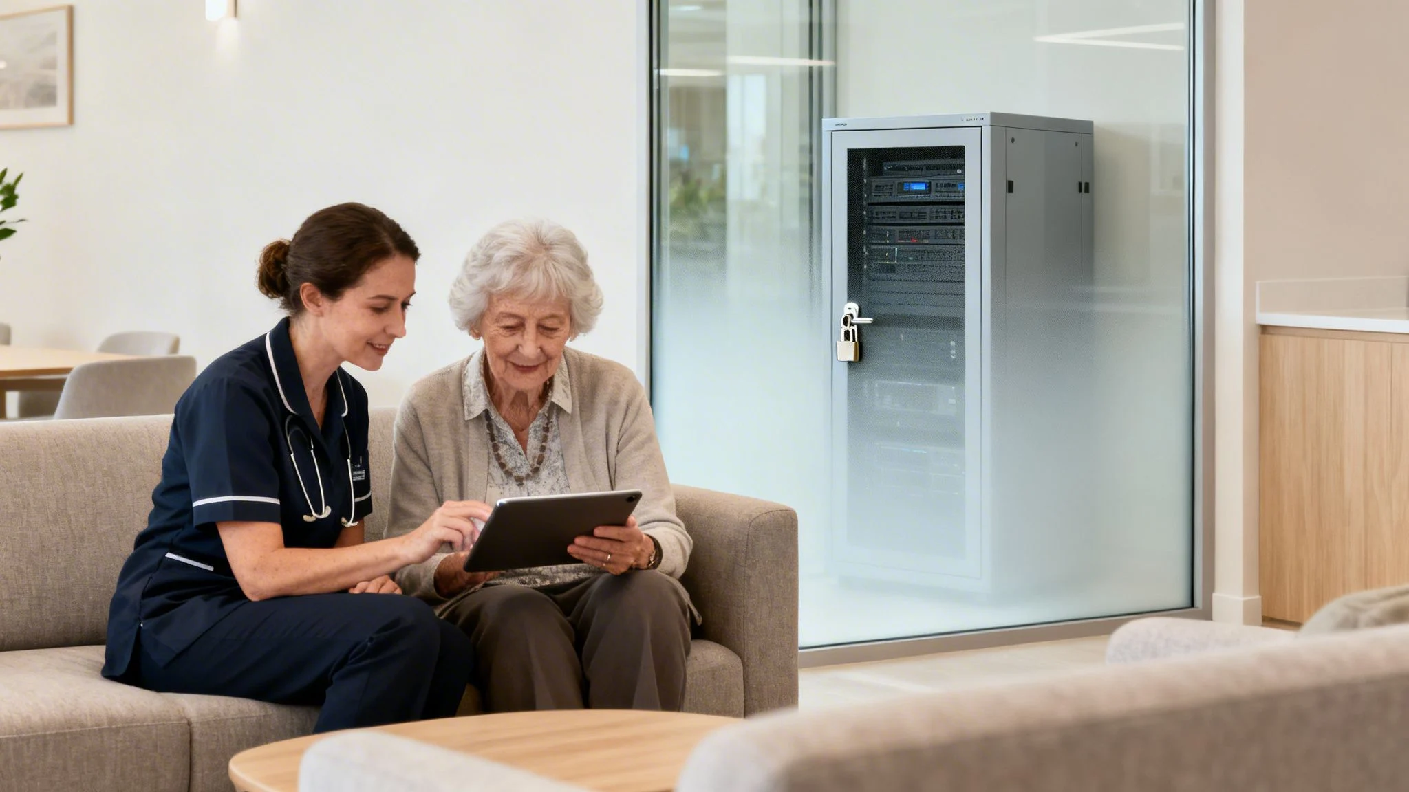 A nurse and an elderly woman smile while looking at a tablet, with a locked server rack visible.
