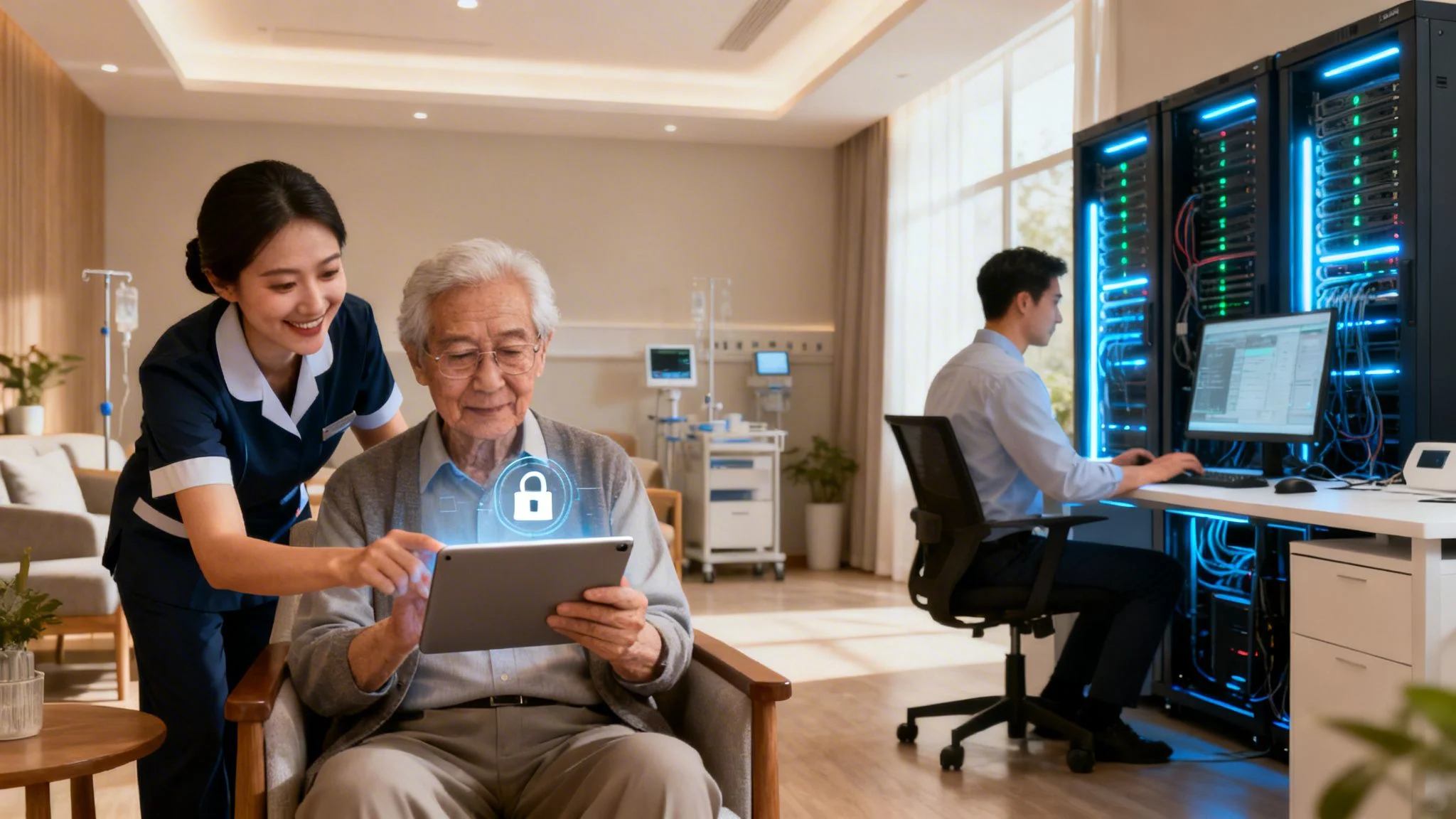 A nurse helps an elderly man use a tablet displaying a digital padlock icon, suggesting security. In the background, a man works at a computer in a room with medical equipment and server racks.