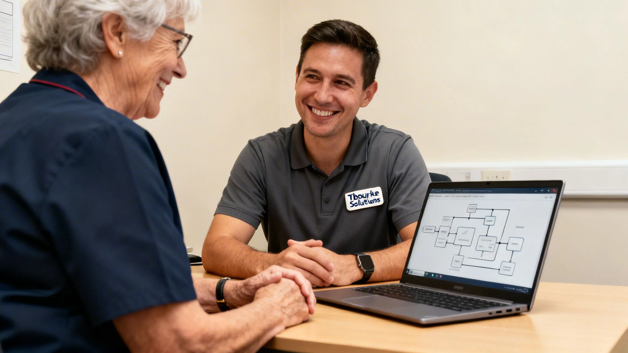 A smiling man from Tbourke Solutions consults an older woman, showing a diagram on his laptop.