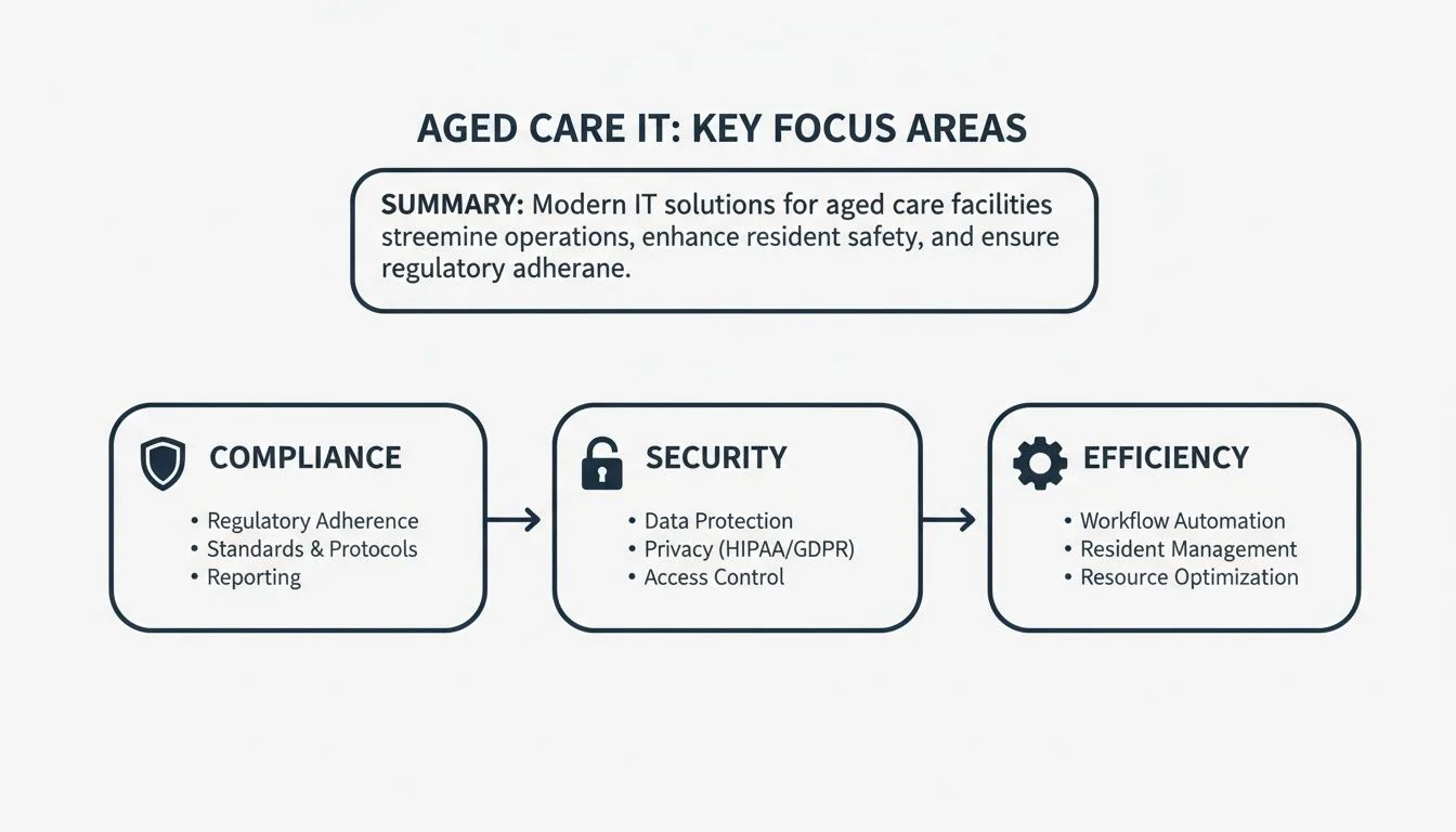 Diagram illustrating Aged Care IT's key focus areas: Compliance, Security, and Efficiency, with detailed sub-points.
