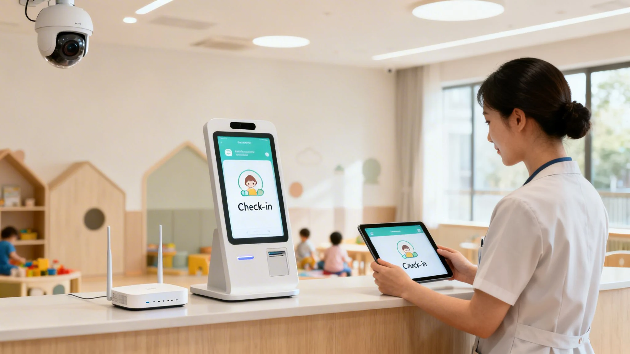 A childcare worker checking in a child at a reception desk using digital tablet and kiosk system.