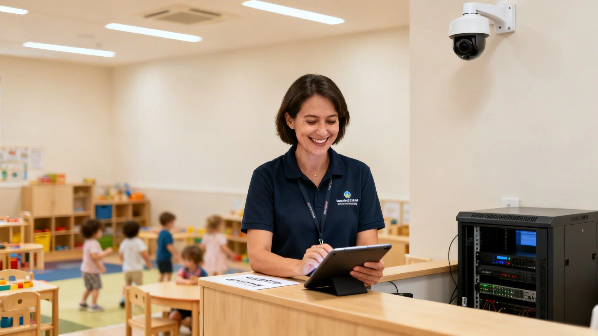 A smiling childcare worker stands at a front desk holding a tablet in a modern daycare facility.