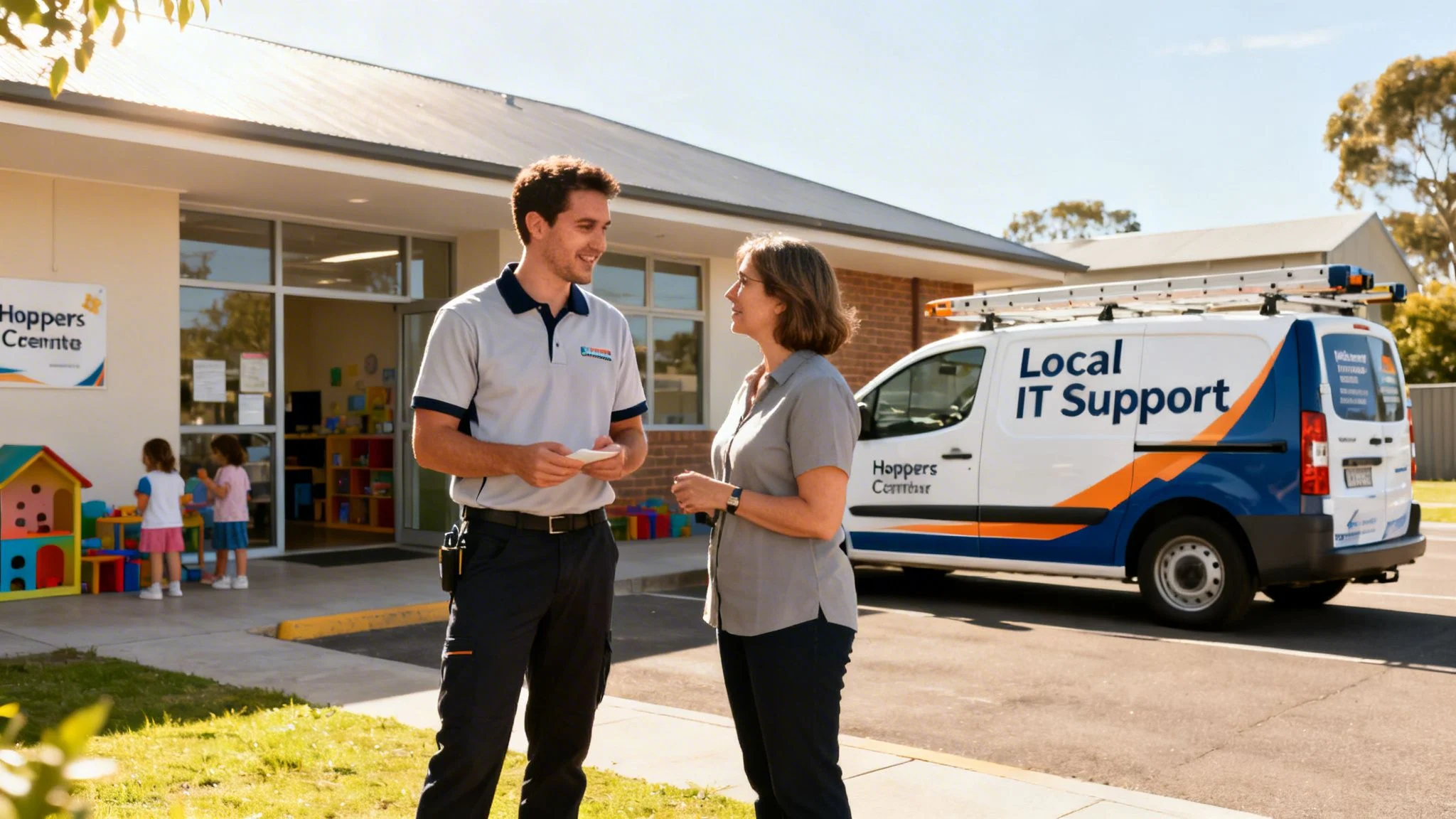 A friendly IT technician talking to a childcare center manager in front of their support vehicle.