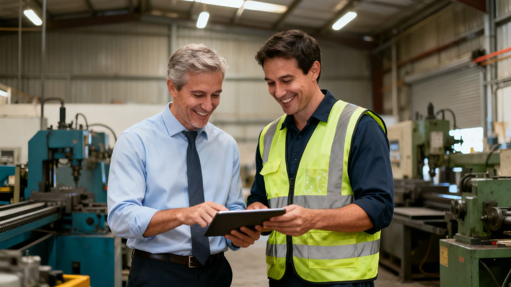 Two smiling men, a manager and a worker, reviewing data on a tablet in a manufacturing facility.