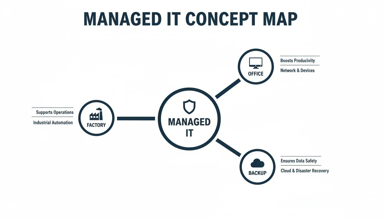 Managed IT concept map illustrating its benefits for factory operations, office productivity, and data backup with cloud recovery.