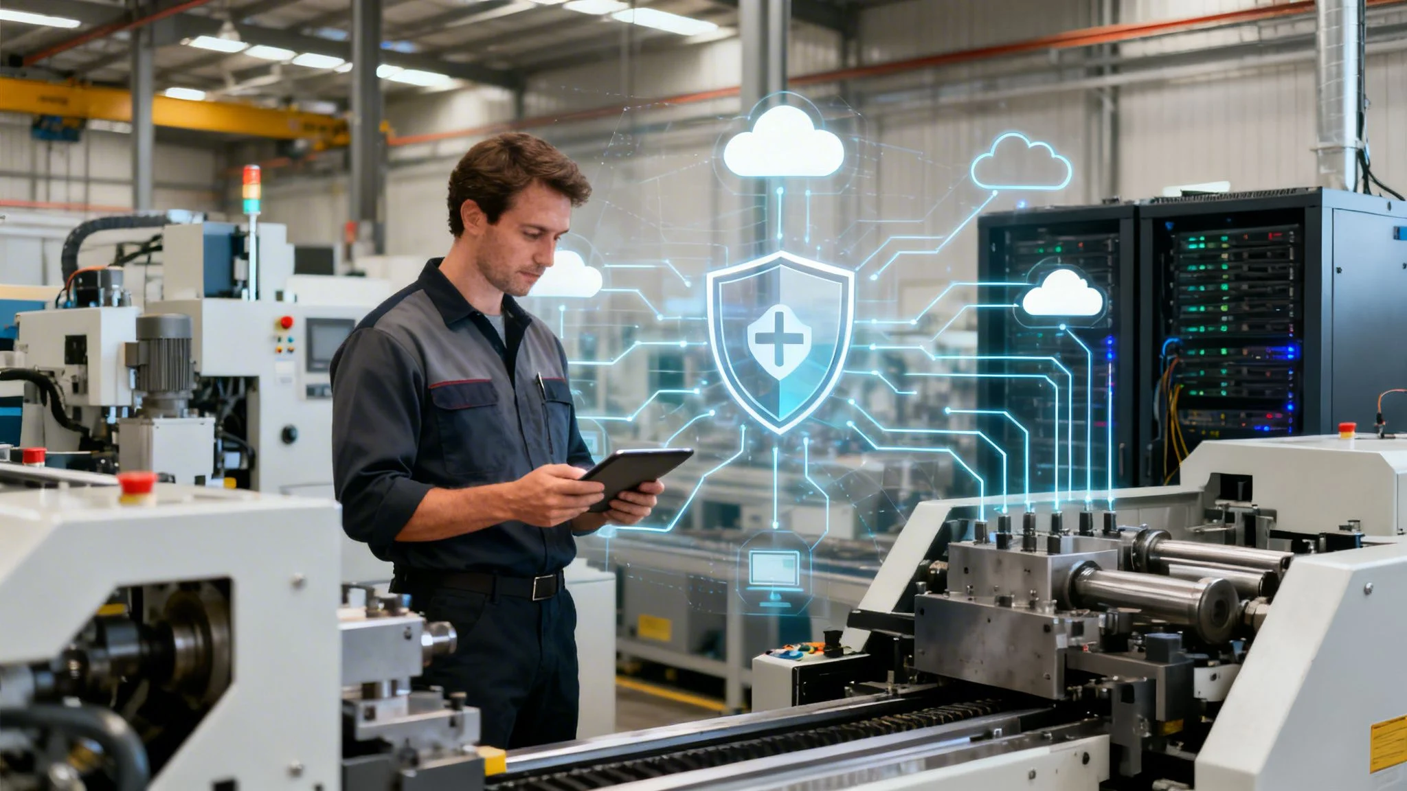A man in industrial work attire uses a tablet in a high-tech factory, surrounded by machinery. A digital graphic of a shield and cloud icons symbolises cybersecurity and data protection in manufacturing.