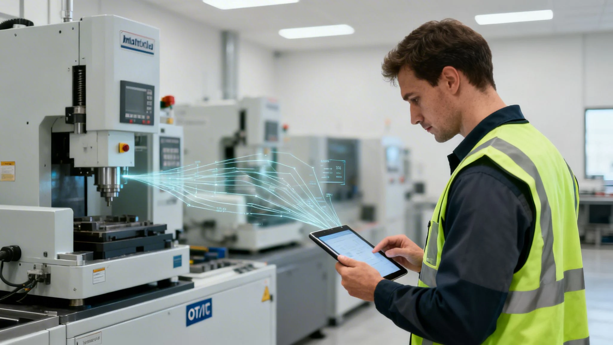 Factory worker uses tablet with digital data connected to an industrial manufacturing machine.