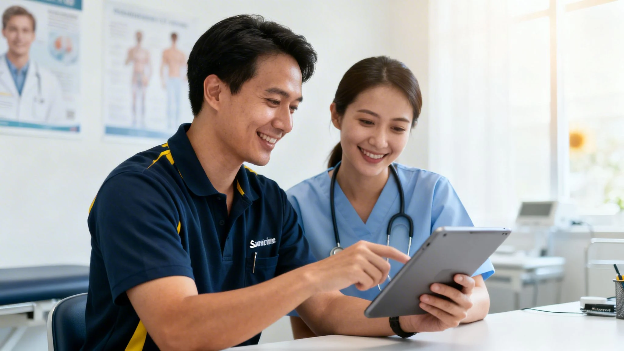 A smiling nurse shows a tablet to a happy male patient in a medical clinic.