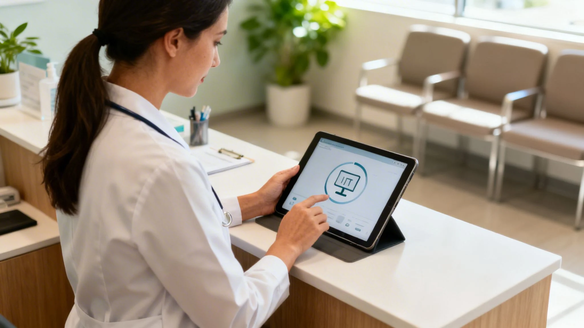 A healthcare professional in a white lab coat uses a tablet in a modern medical clinic setting.