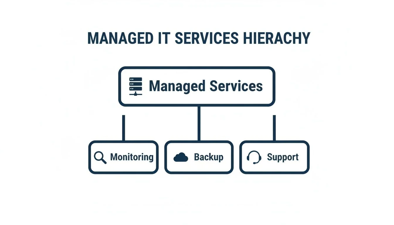 Diagram illustrating the hierarchy of managed IT services, showing monitoring, backup, and support branches.