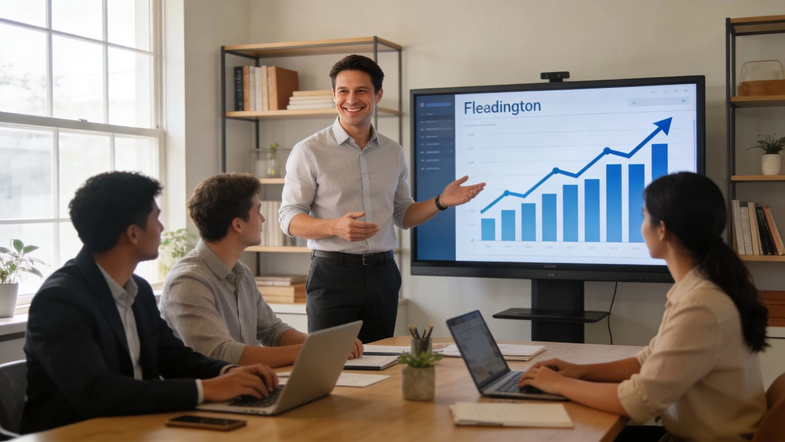 A professional man presents business growth charts on a screen to his team during a corporate meeting.