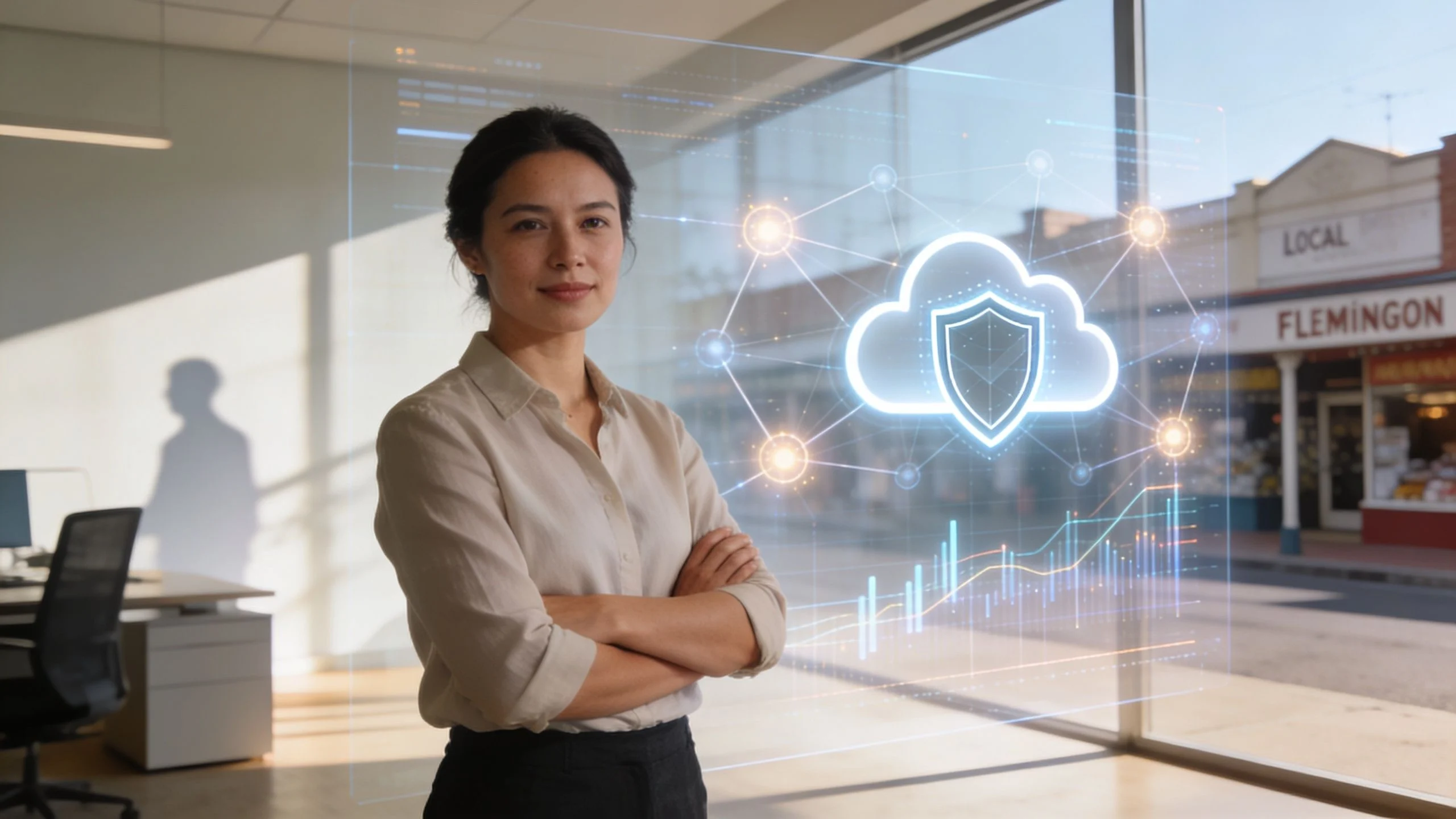 A confident woman stands with arms crossed in a modern office. Behind her, a virtual cloud security interface with icons and graphs is displayed, illustrating cyber security and cloud technology concepts.